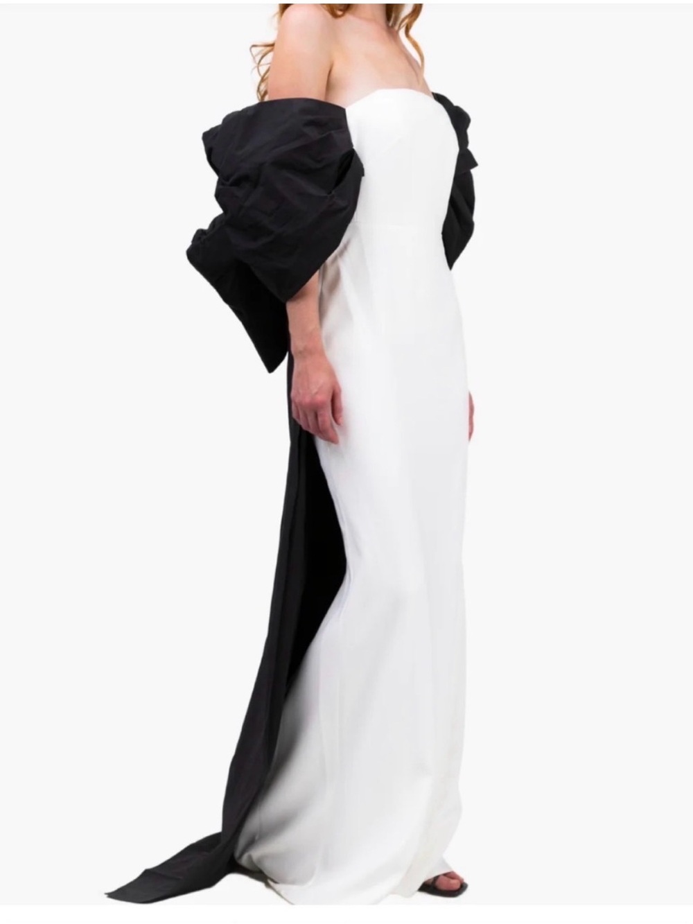 Marchesa Notte White Column Gown with Dramatic Black Taffeta Sleeves/Cape NWT - Picture 2 of 5